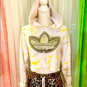 Upcyled Cropped Hoodie w Sequin Patch & Swarovski